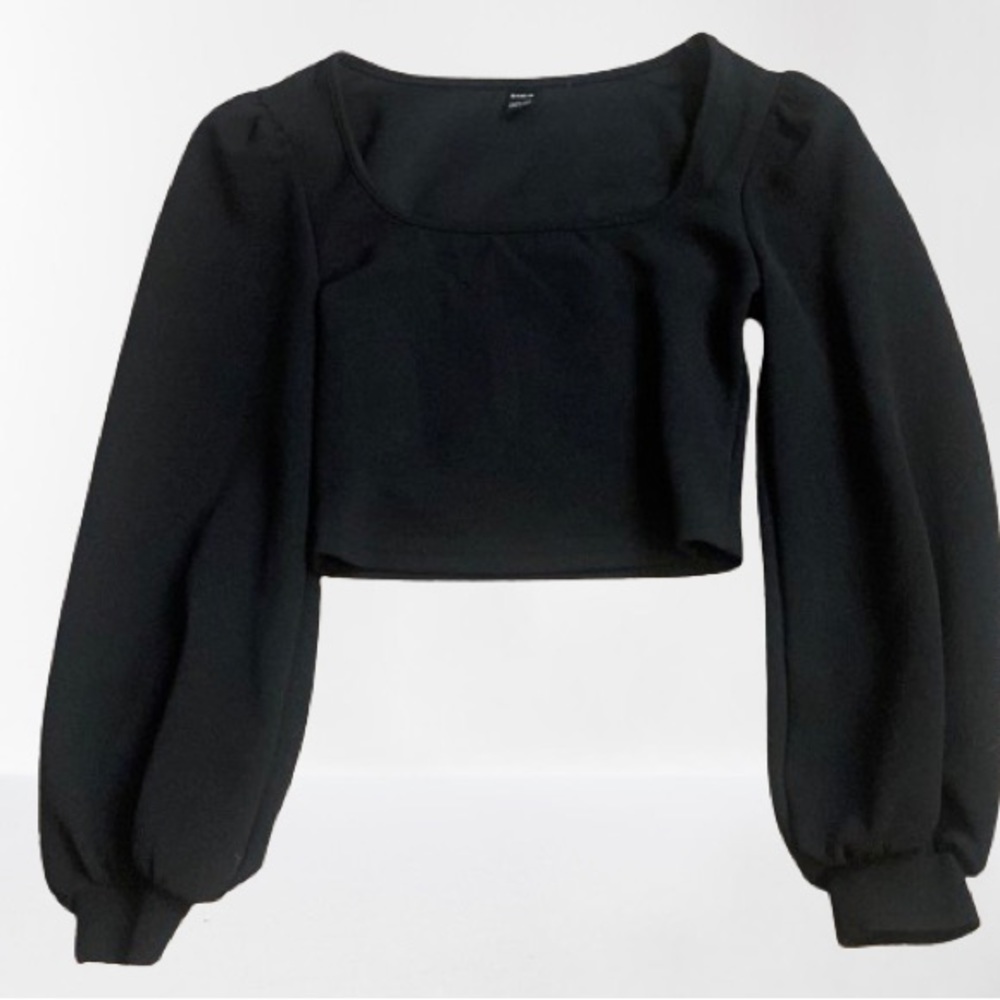 Black square neck, lantern sleeve top